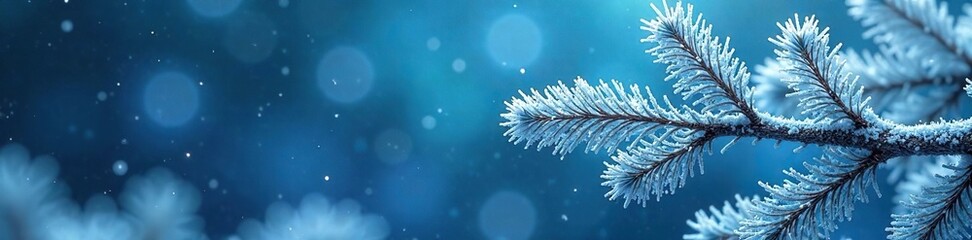 Frosty silver tree branches on blue background, holiday, christmas