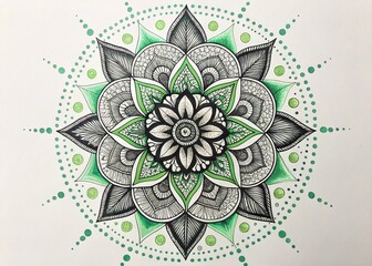 An intricately hand-drawn mandala with a symmetrical artistic design featuring green and black elements