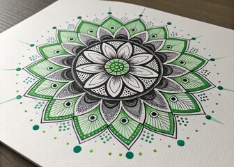 A modern intricately hand-drawn mandala featuring detailed symmetrical patterns with elegant artistic touches