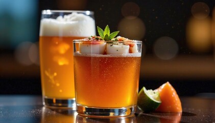 Tuna and scallop sushi on glass of clear beer under dim light, night, orange, scallops