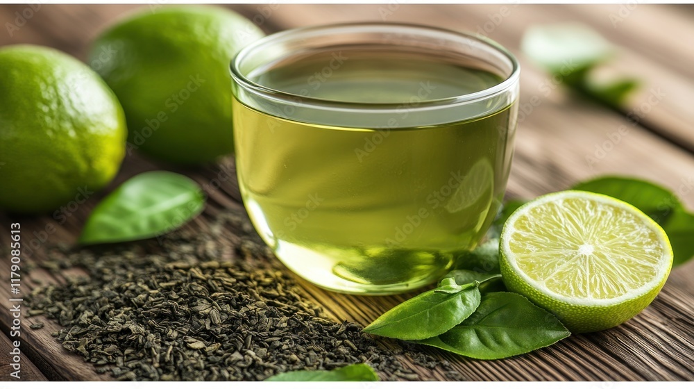 Wall mural Green tea with lime in glass cup.