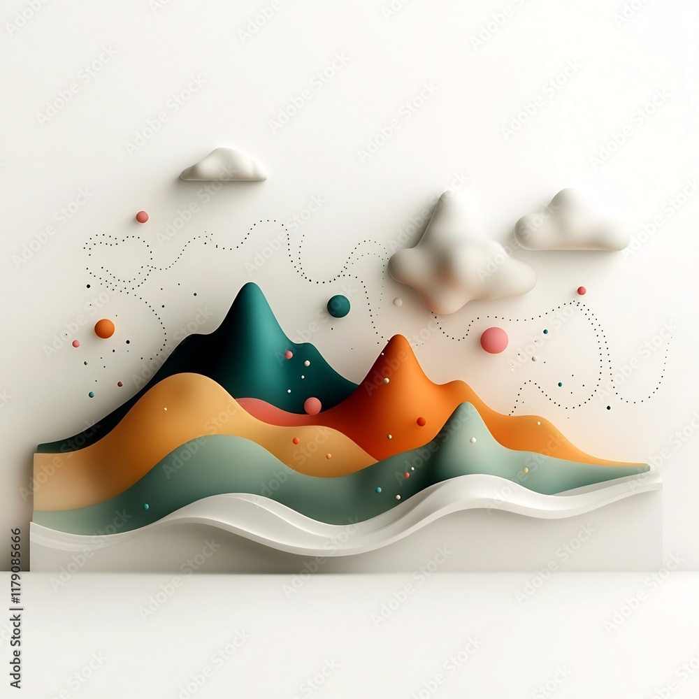 Poster brooding abstract backdrop featuring pastel hued dots and serpentine lines forming a stylized mounta