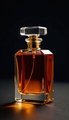 Amber liquid in a clear glass perfume bottle against a dark background, glass, luxury, fragrance