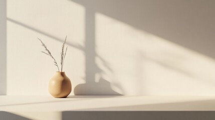 Minimalist beige vase with dried flowers on white surface, sunlight.