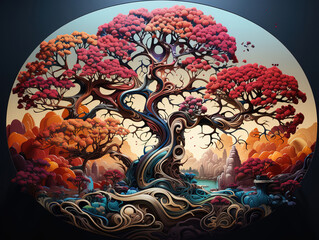 Attractive Colorful tree with leaves on hanging branches illustration background