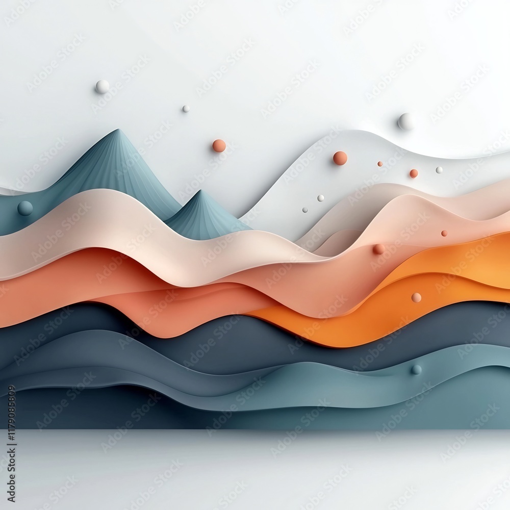 Poster brooding abstract backdrop with pastel hued dots and serpentine lines forming a mountainous motif re