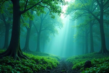 Obraz premium Gradient of blue greens mimicking a misty forest, earthy tones, nature-inspired