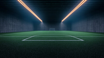 Futuristic football stadium with advanced lighting and artificial turf