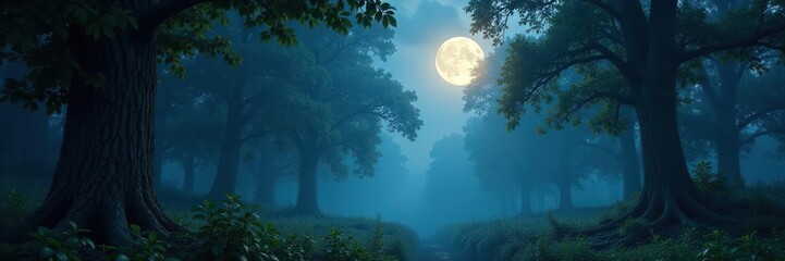 Naklejka premium Twinkling moonlight filters through misty forest foliage, glow, shadows, nature