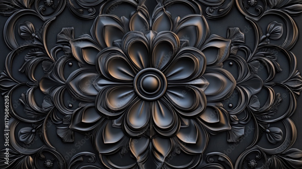 Poster 3d abstract black shape background with symmetrical pattern, 3d render, and realistic