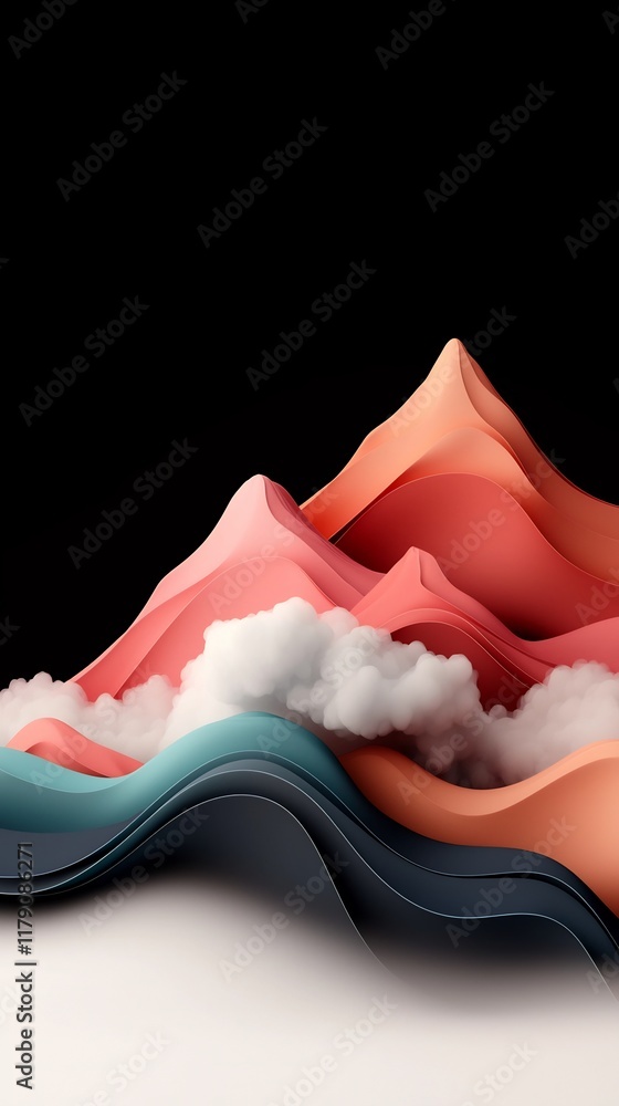 Poster atmospheric abstract dark background with soft pastel dots and flowing lines composing a wave shaped