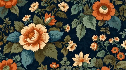 Vintage Floral Design with Orange, Cream, and Blue Blossoms V4
