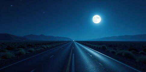 Luminous moonlit road stretching into the distance, Night, Landscape, Desolation
