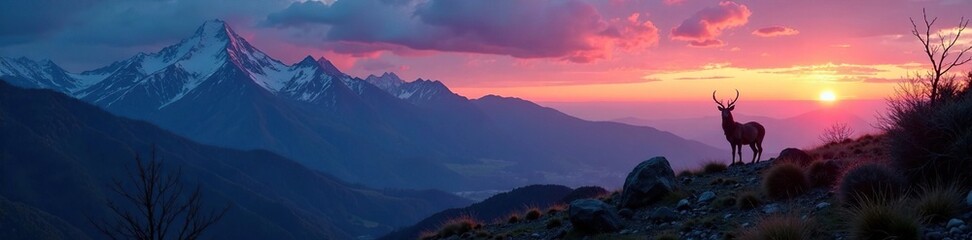 Fototapeta premium Saola in the mountains at dusk with fading light, scenery, landscape