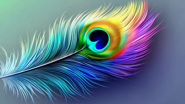 Colorful peacock feather with a heart in the center. The feather is vibrant and full of life, with a rainbow of colors that make it stand out. The heart in the center adds a touch of romance