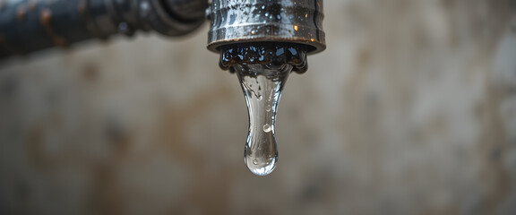 Closeup of dripping faucet wasting water isolated with no one present. Concept Water Conservation, Wasteful Habits, Environmental Impact
