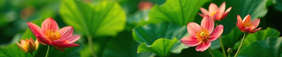 Fototapeta premium Watermelon flower blooms against a backdrop of lush green leaves, yellow, bloom, leafy greens