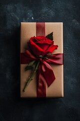Single red rose atop a brown gift box with a red ribbon on a dark background.