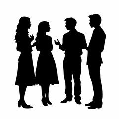 silhouette of four young Asian wedding guests, a mix of men and women, all standing together with troubled expressions as they discuss something