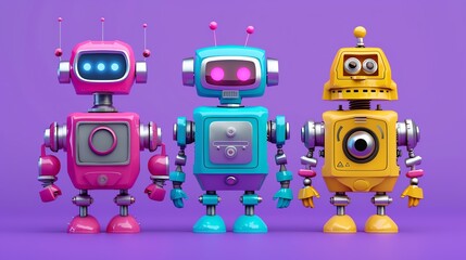 Fototapeta premium Three colorful robots stand together on a purple background.