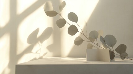 Minimalist scene with eucalyptus branch and sunlight shadows on white surface.