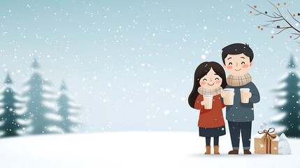 Romantic couple embracing and holding warm drinks while surrounded by a snowy forest landscape during the winter season  They are bundled up and appear happy and content in the cozy