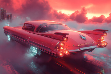 Futuristic Flying Car in Retro Futuristic City