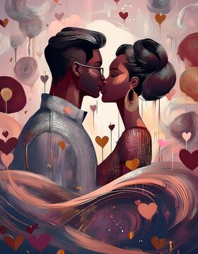 Romantic Valentine&rsquo;s Day Kiss Between a Stylish Couple Surrounded by Heart Motifs and Abstract Artistic Patterns