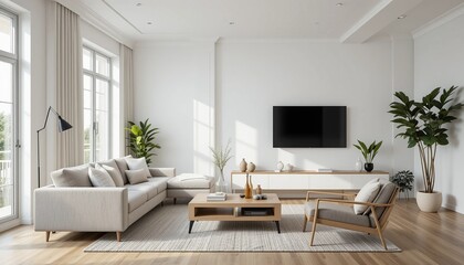 Modern Living Room: Minimalist Elegance: Sunbeams dance through expansive windows, illuminating a spacious living room with a neutral palette, plush furniture, and elegant accents.