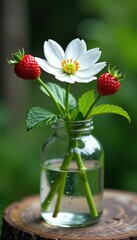 Obraz premium Delicate white petals of Alpine strawberry unfolding in glass vessel, garden, flowers, alpine