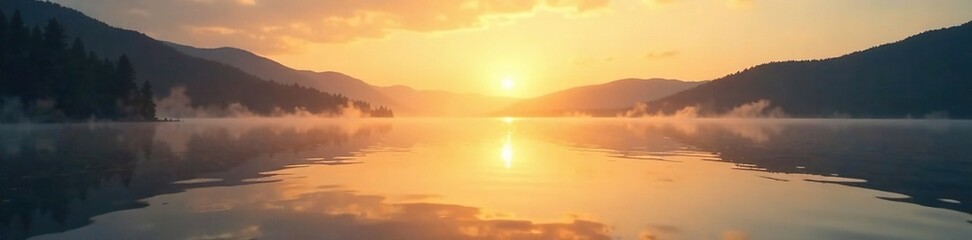 Obraz premium Soft golden light illuminates the surface of a calm lake at dawn, peaceful, serenity