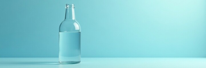 Softly lit empty glass bottle on light blue background, pastel hue, empty, glass