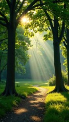 Obraz premium Sunlight filters through tree leaves casting dappled shadows on the ground, , muted tones, natural colors