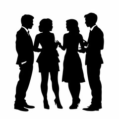 silhouette of four young  wedding guests, a mix of men and women, all standing together with troubled expressions as they discuss something, full-body view from head to toe, solid black silhouette