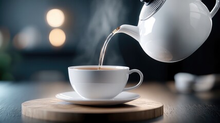 White teapot pouring hot tea into white cup on wooden mat