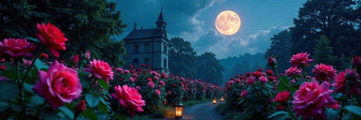Full moon casts eerie glow on gothic rose garden at dusk, flowers, roses, shadows