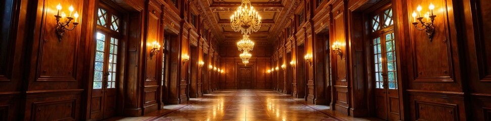 Obraz premium High-ceilinged hallway lined with rich wood paneling and lavish chandeliers, refined, grand,