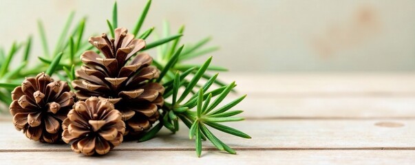 Pinecones and sprigs of rosemary on a light wooden table, wood, rosemary