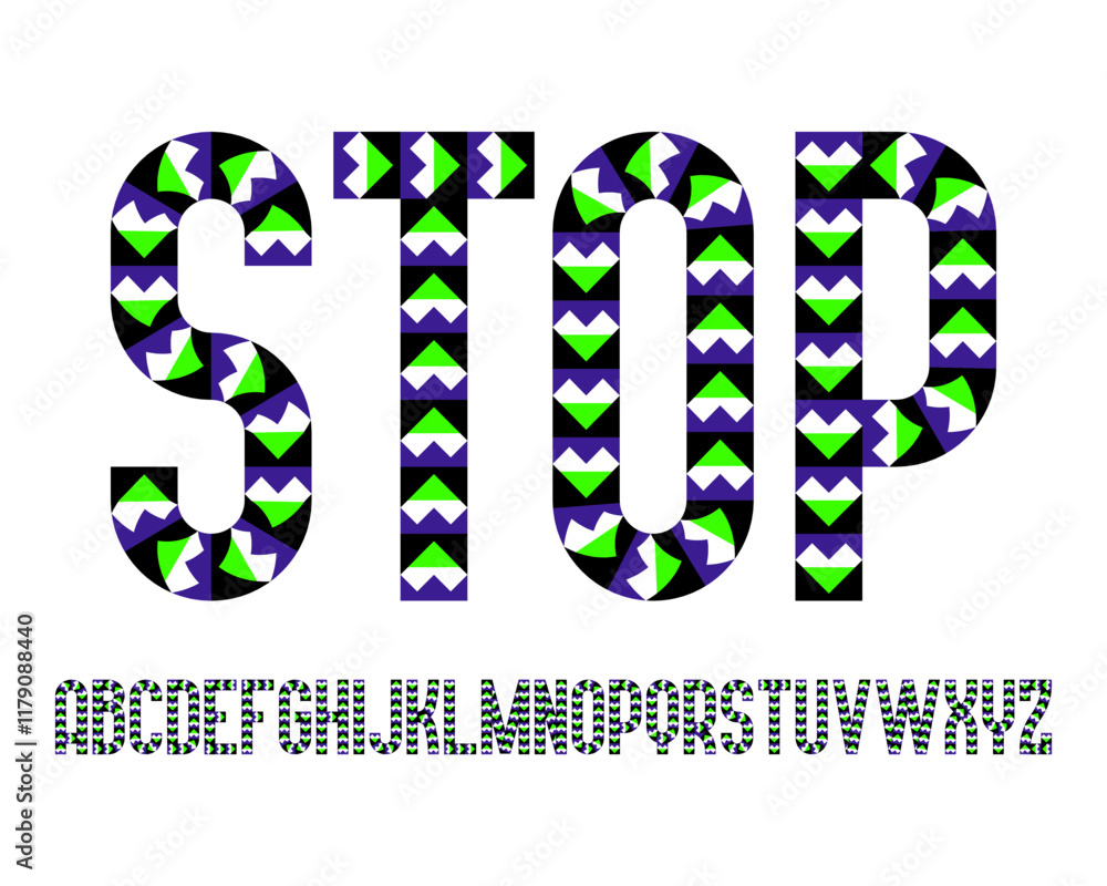 Poster alphabet set with letters designed in an optical illusion style featuring vibrant geometric patterns
