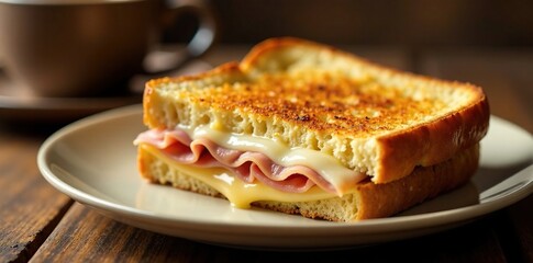 Toasty sourdough bread with melted ham and cheese, cheese, coffee