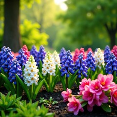 Spring garden landscape featuring a patch of hyacinths, greenery, blooms, flowers