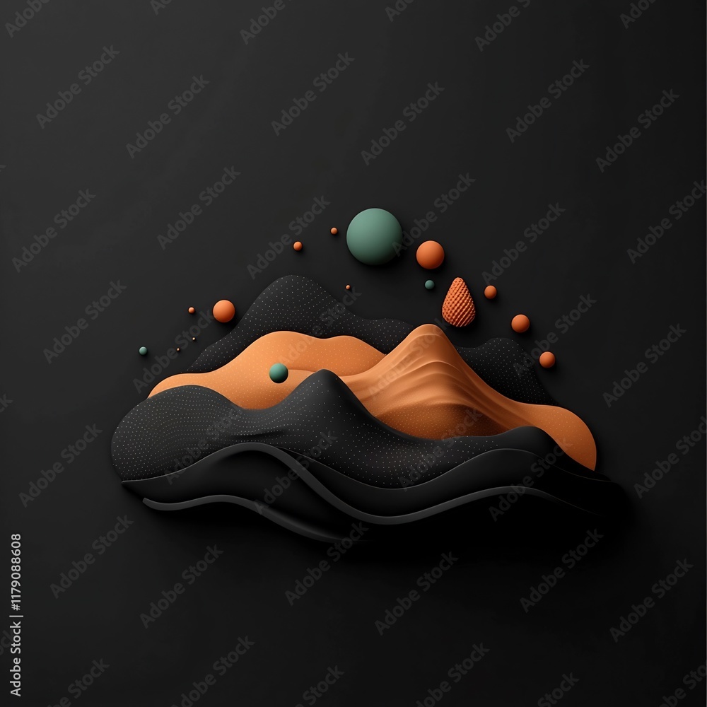 Poster surreal and ethereal abstract landscape rendered in 3d featuring undulating pastel shapes dots and f