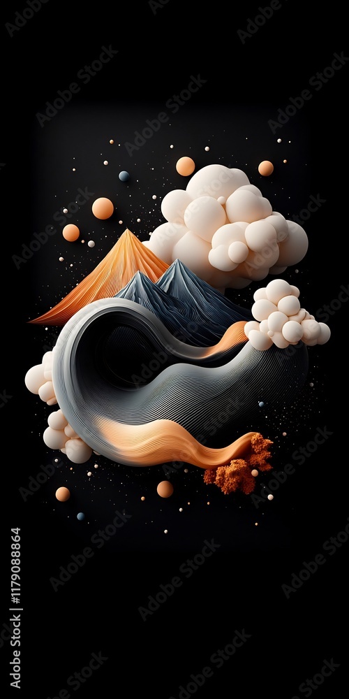 Aufkleber tranquil abstract landscape with pastel colored dots sweeping lines and wave shaped mountains agains
