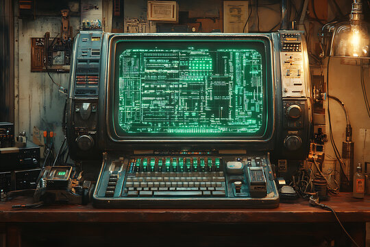 Vintage Computer Terminal with Futuristic Holograms