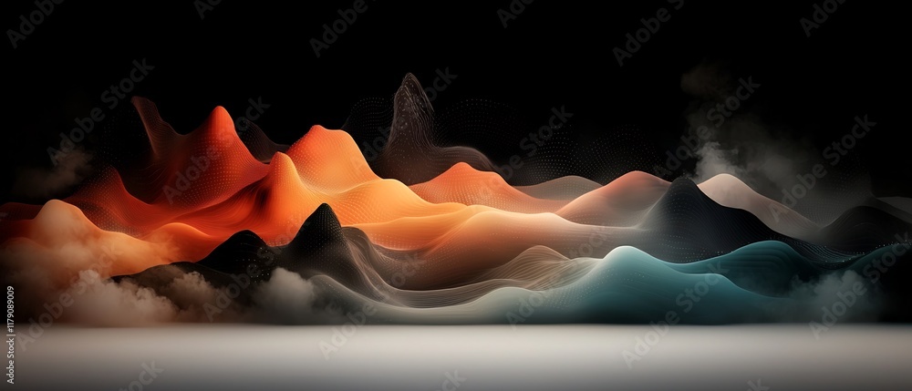 Poster ethereal abstract mountain landscape with a dark background featuring a flow of pastel colored dots 