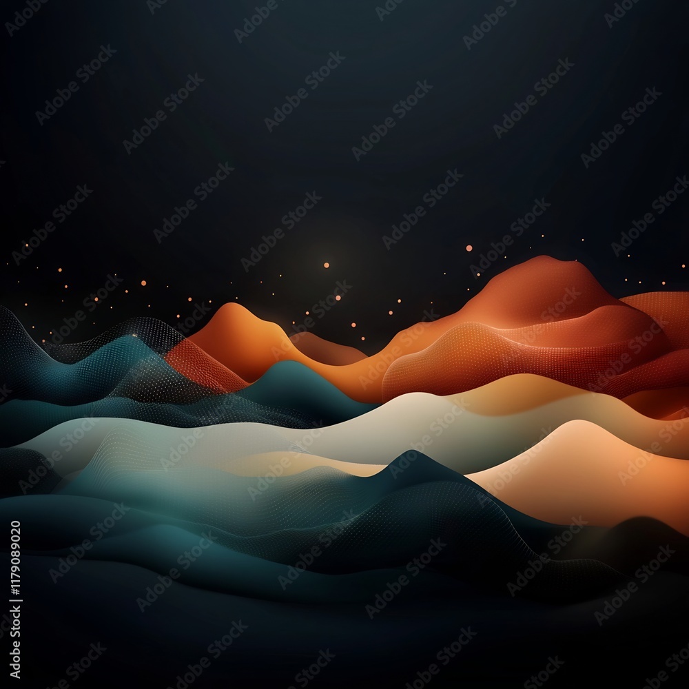 Poster Tranquil and dreamlike mountainous landscape with soft pastel dots and dynamic lines creating a wave patterned seamless background in a dark moody and atmospheric setting