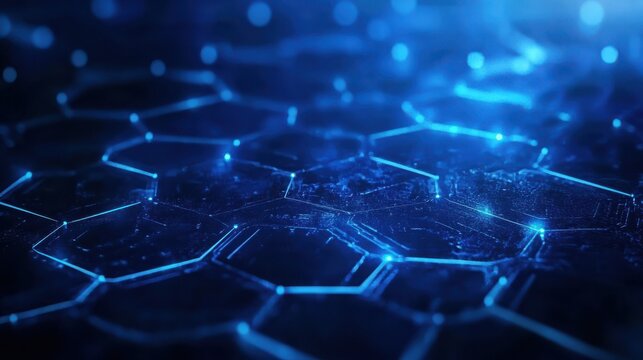 Blue tech background featuring circuit lines and hexagons, vector design for business, technology, or science themes.