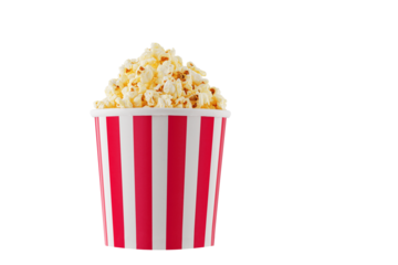 Delicious popcorn, classic box, classic paper cup with red stripe, isolated on white background close-up