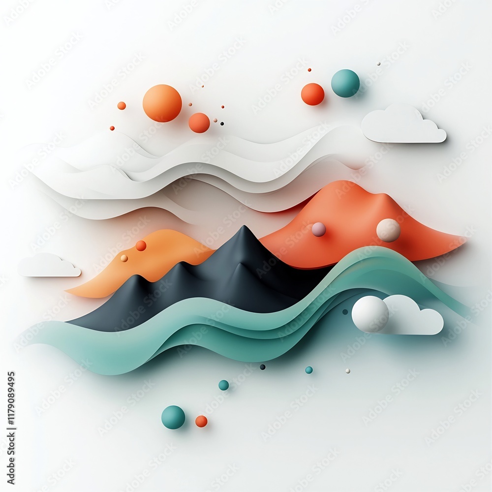 Poster brooding and serene abstract scene featuring pastel toned dots and flowing lines that suggest a mini