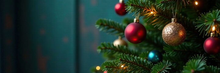 Decorated evergreen tree with colorful ornaments and lights, festive atmosphere, decorations